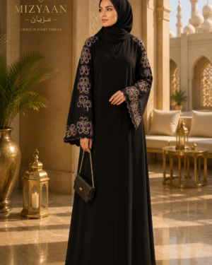 Royal Black Embroidered Abaya with Matching Tarha